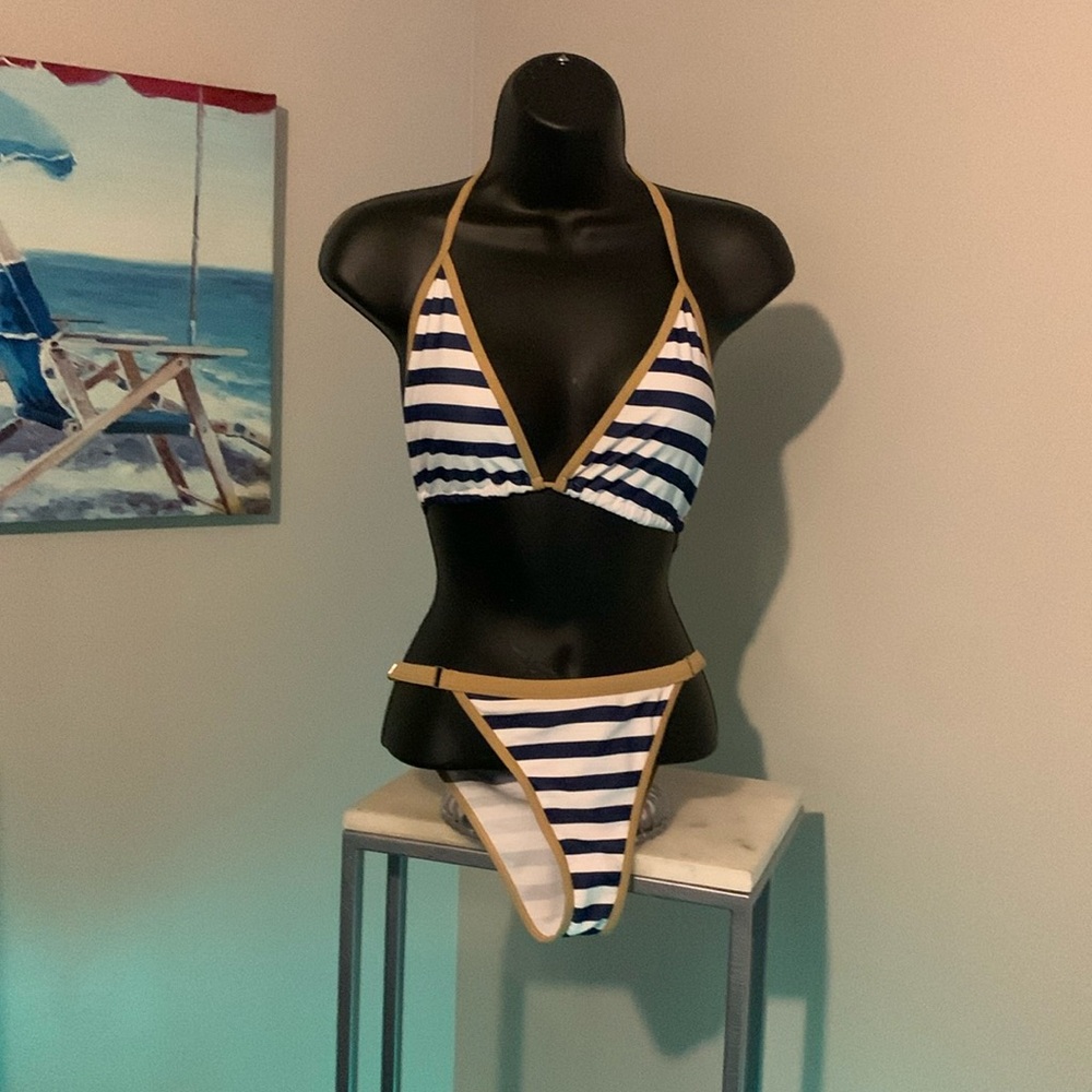 Striped Bikini Set with Tan Accents
